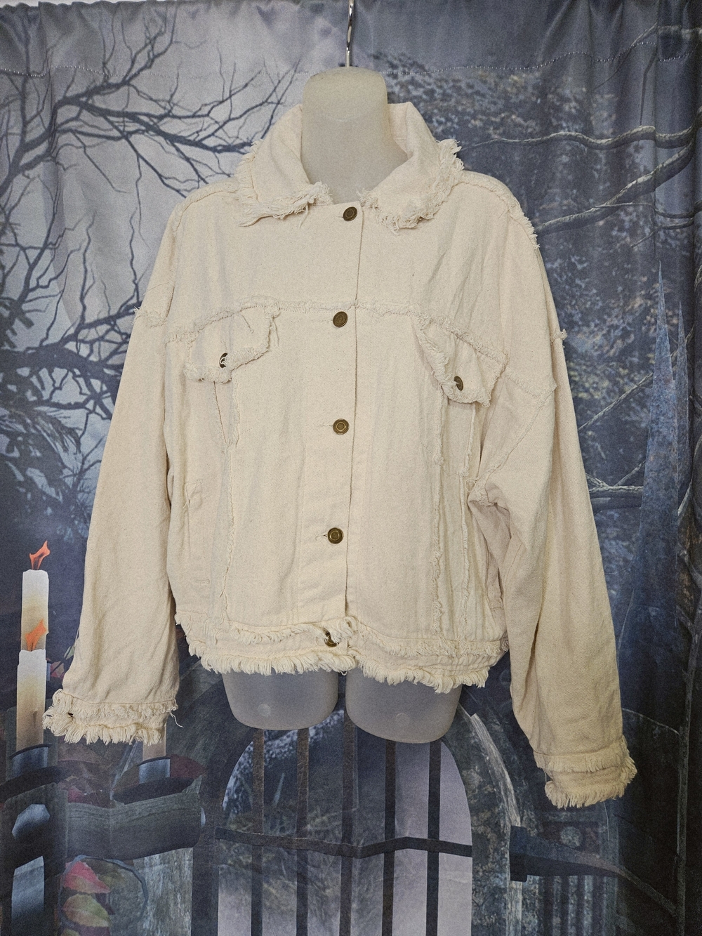 Women’s Cream Frayed Jean Jacket
